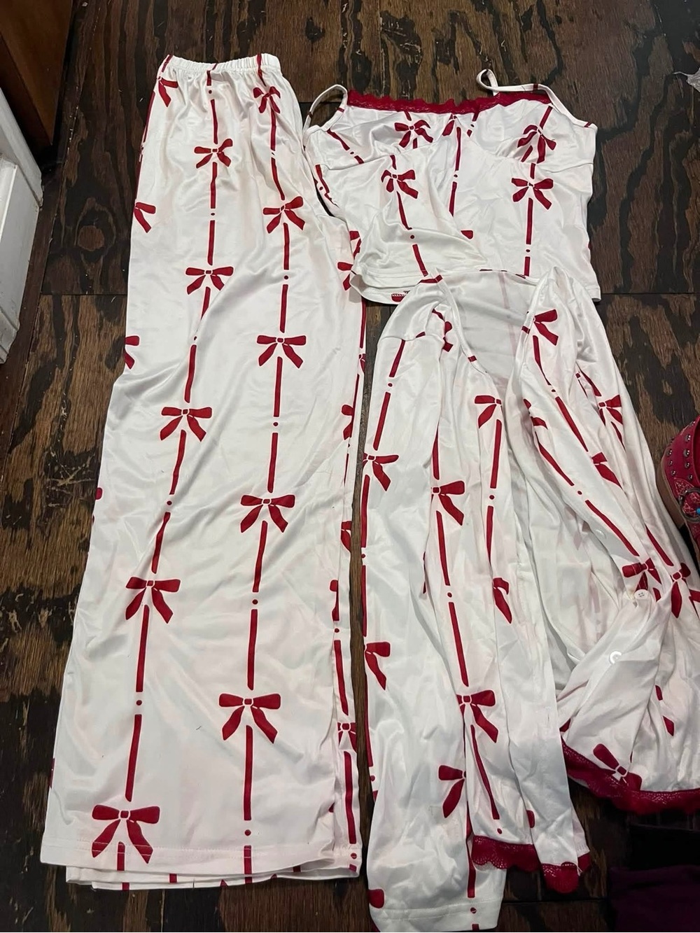 White Satin Two-Piece Set with Red Bow Print